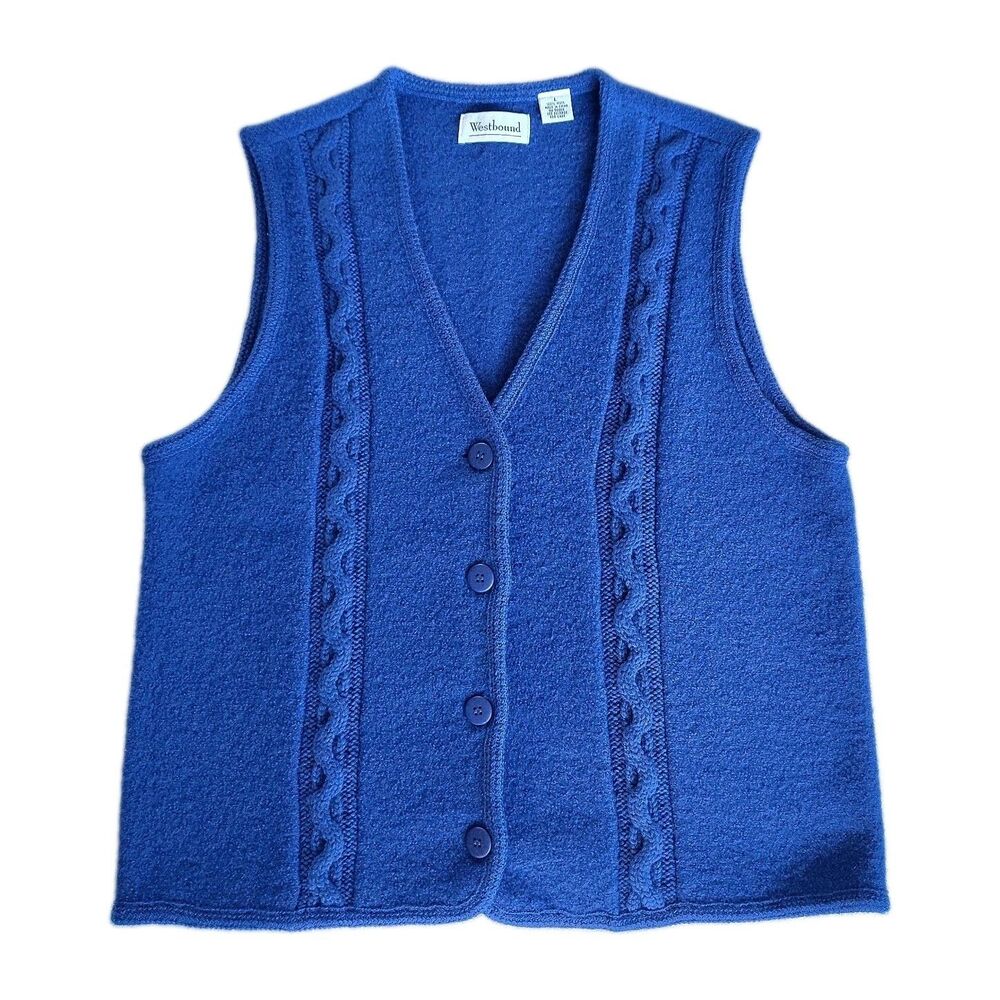 Vintage Womens L 100% Wool Blue Cable Knit Sweater Vest Sleeveless GrandpaCore